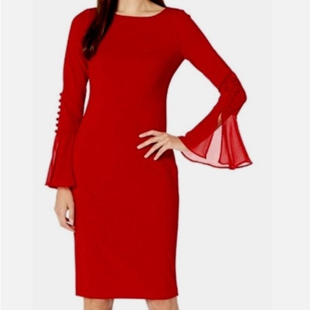 Calvin Klein Red chiffon Bell-Sleeve Sheath Dress size 2